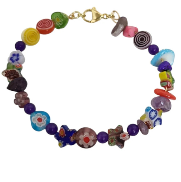 18k Glass Lampwork Glass Beads Flower Star Bracelet - Picture 1 of 2